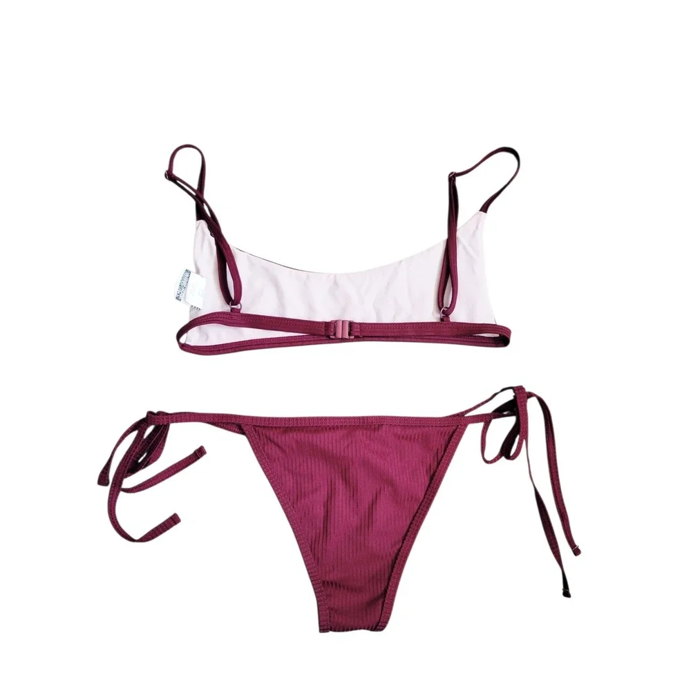 Paper Heart Swim Burgundy Ribbed Bikini‎ Set Two Piece Bralette Side Tie US 4